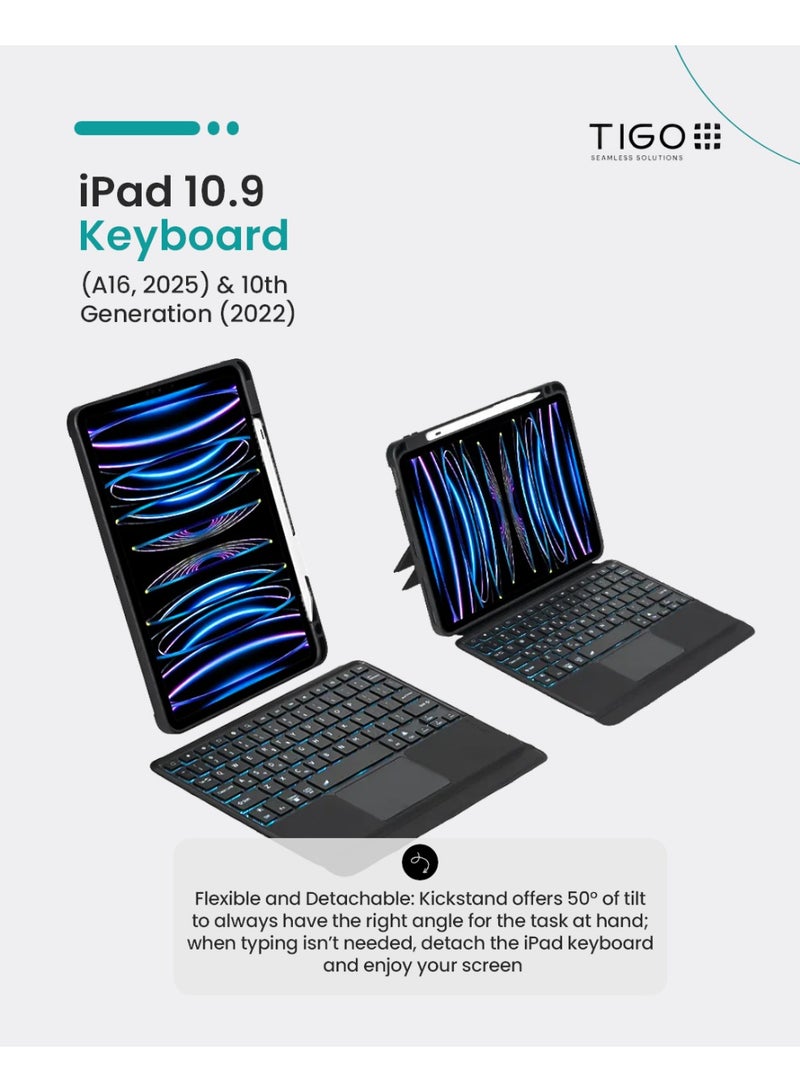 T I G O iPad 11th (A16, 2025) & 10.9 10th Gen 2022 Keyboard Case, with English & Arabic Language, Magnetic Detachable, Smart Trackpad, Adjustable Stand, Portrait/Landscape Dual Mode, 7 color Backlit Keyboard for iPad 11th A16, 2025 & iPad 10th 10.9” 2022  - Image 1