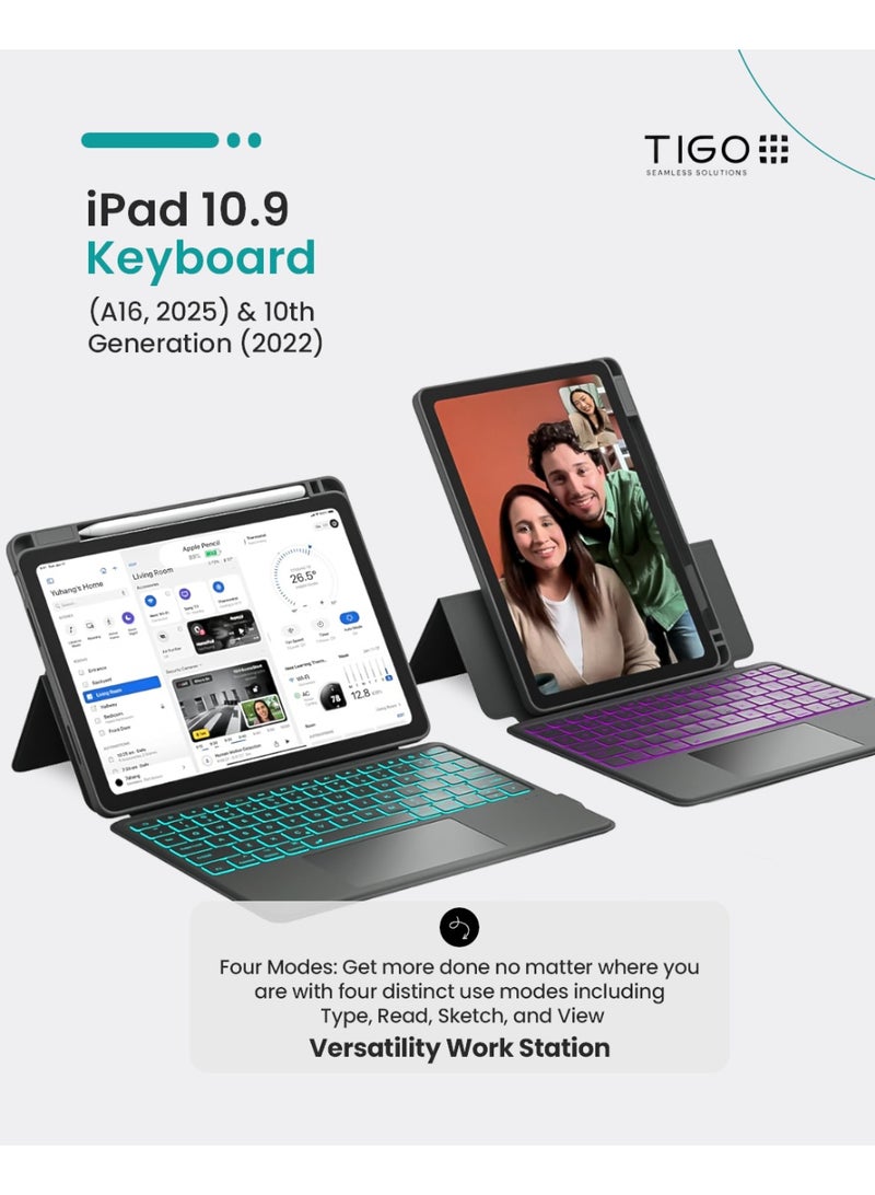 T I G O iPad 11th (A16, 2025) & 10.9 10th Gen 2022 Keyboard Case, with English & Arabic Language, Magnetic Detachable, Smart Trackpad, Adjustable Stand, Portrait/Landscape Dual Mode, 7 color Backlit Keyboard for iPad 11th A16, 2025 & iPad 10th 10.9” 2022  - Image 2