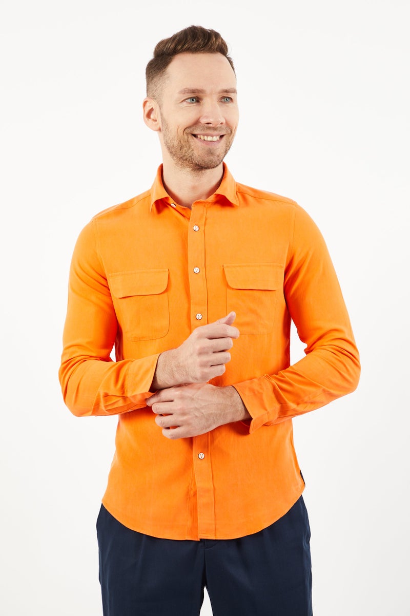 Vilebrequin Men Regular Fit Spread Neck Long Sleeve Casual Shirt, Orange - Image 1