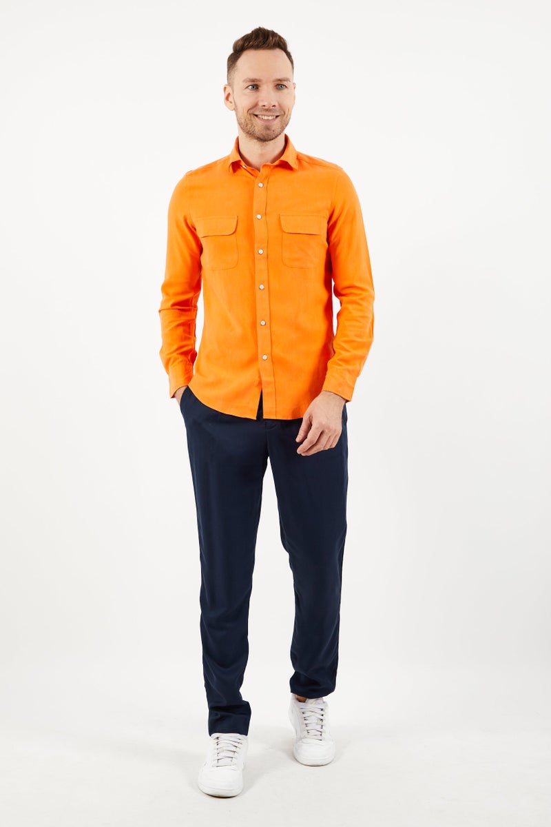 Vilebrequin Men Regular Fit Spread Neck Long Sleeve Casual Shirt, Orange - Image 3