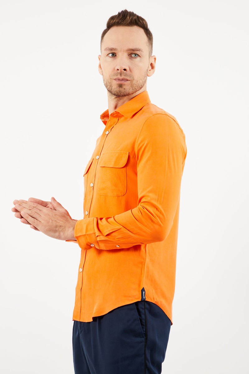 Vilebrequin Men Regular Fit Spread Neck Long Sleeve Casual Shirt, Orange - Image 4