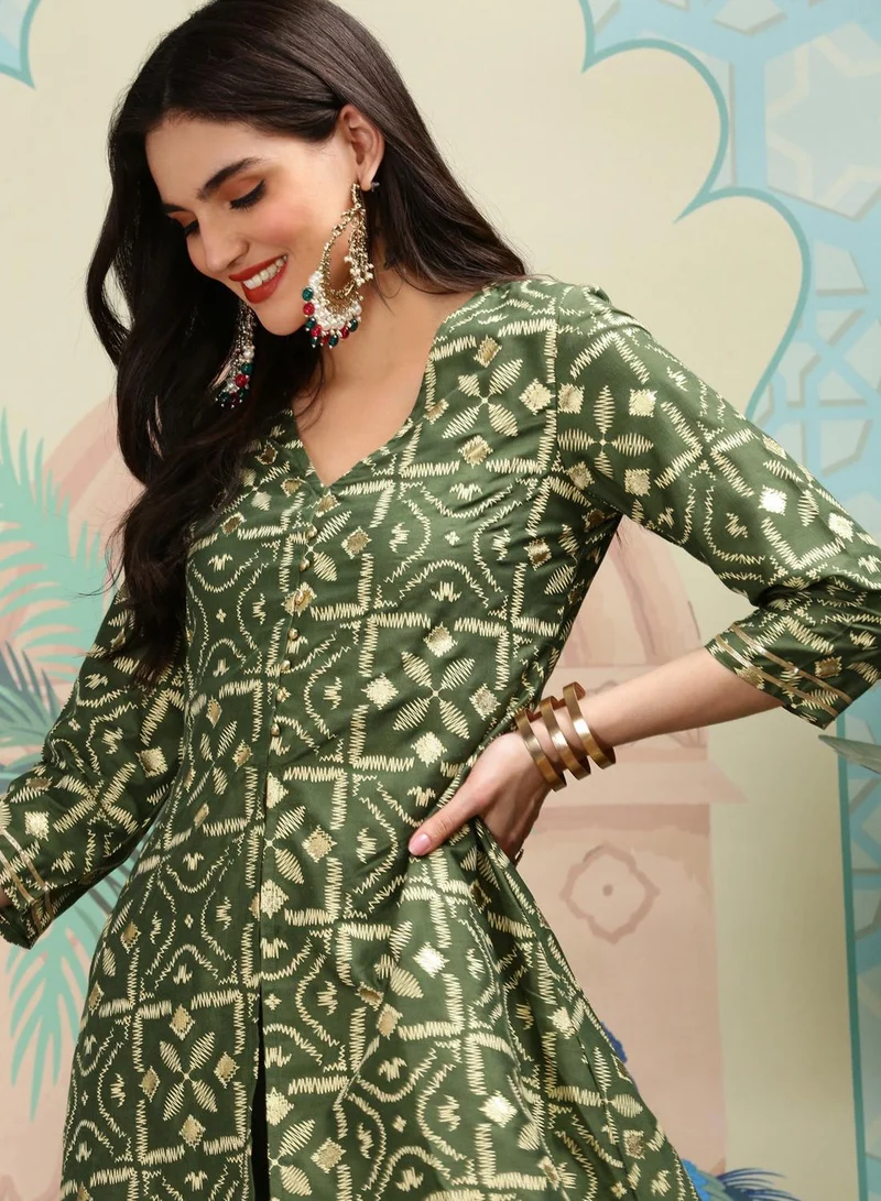 ISHIN Women's Green 100% Cotton Printed A-Line Kurta Set