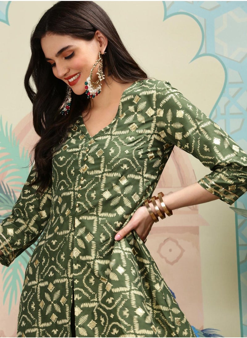 ISHIN A-Line Fit Printed Pattern Round Neck Three-Quarter Sleeves Green Colour Knitted Cotton Kurta Set for Women with Semi Elastic Closure - Perfect for your Festive Celebrations  - Image 5