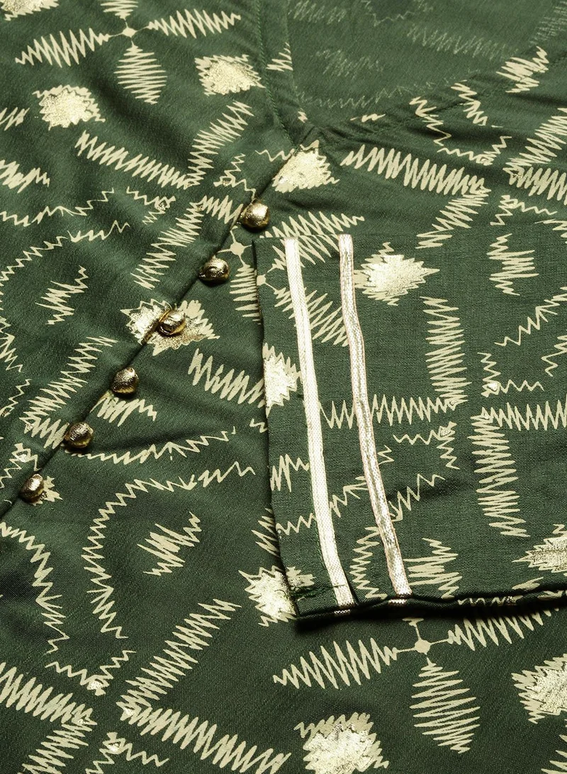 ISHIN Women's Green 100% Cotton Printed A-Line Kurta Set
