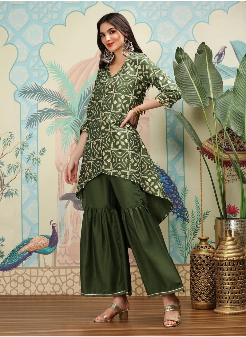 ISHIN A-Line Fit Printed Pattern Round Neck Three-Quarter Sleeves Green Colour Knitted Cotton Kurta Set for Women with Semi Elastic Closure - Perfect for your Festive Celebrations  - Image 3