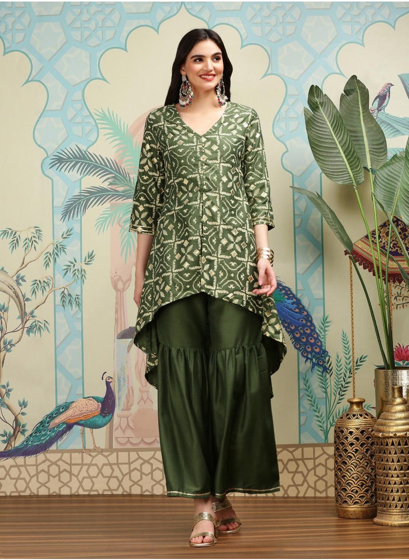 ISHIN A-Line Fit Printed Pattern Round Neck Three-Quarter Sleeves Green Colour Knitted Cotton Kurta Set for Women with Semi Elastic Closure - Perfect for your Festive Celebrations  - Image 1