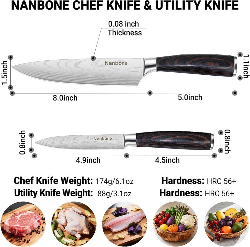 Nanbone 2 Pcs Kitchen Knife Set 8 Inch Chef Knife Paring Kitchen Utility Knife 5 Inch, Asian Chefs Knife for Home and Kitchen with Ergonomic Handle High Carbon Stainless Steel knife Chef Cooking Gift - Image 2