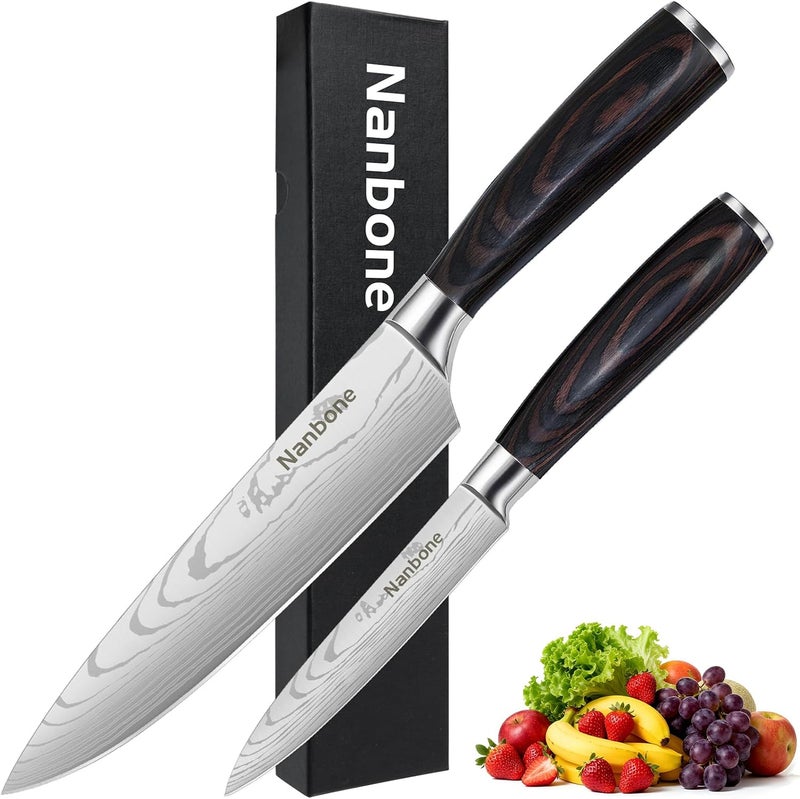 Nanbone 2 Pcs Kitchen Knife Set 8 Inch Chef Knife Paring Kitchen Utility Knife 5 Inch, Asian Chefs Knife for Home and Kitchen with Ergonomic Handle High Carbon Stainless Steel knife Chef Cooking Gift - Image 1