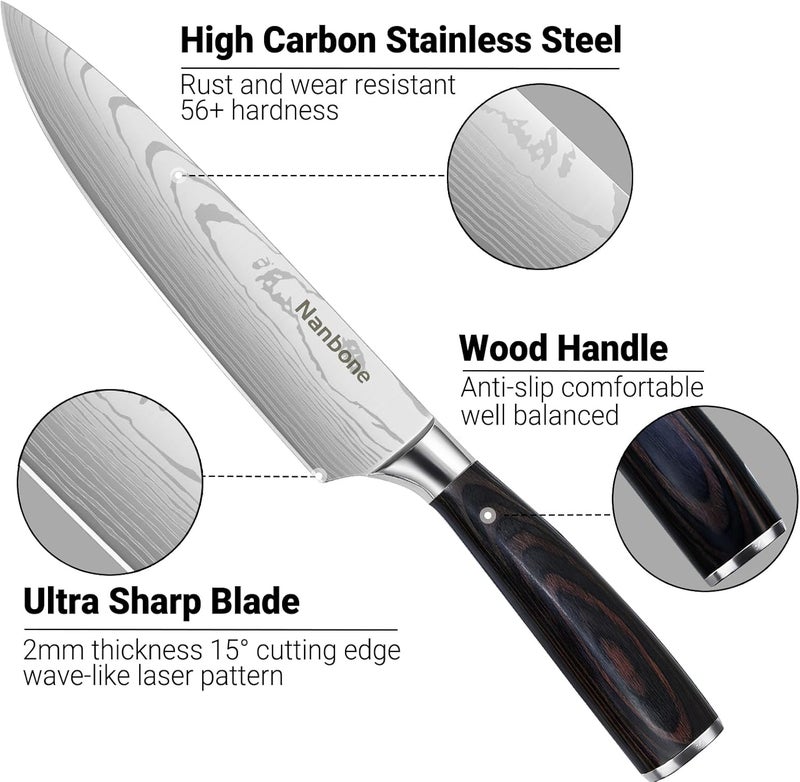 Nanbone 2 Pcs Kitchen Knife Set 8 Inch Chef Knife Paring Kitchen Utility Knife 5 Inch, Asian Chefs Knife for Home and Kitchen with Ergonomic Handle High Carbon Stainless Steel knife Chef Cooking Gift - Image 4