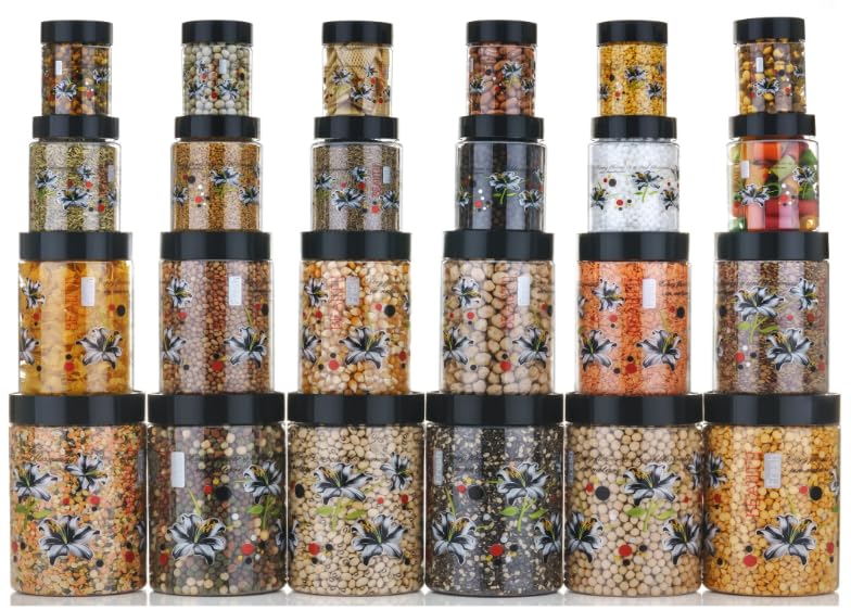 Qshare Flower Printed Storage Containers - Plastic Storage Organiser Jar Set for Kitchen with Airtight Lid Spoon, 1200ml, 650ml, 350ml & 250ml Dabba for Snacks, Grains Dry Fruits (Black, Set Of 16pc) - Image 4