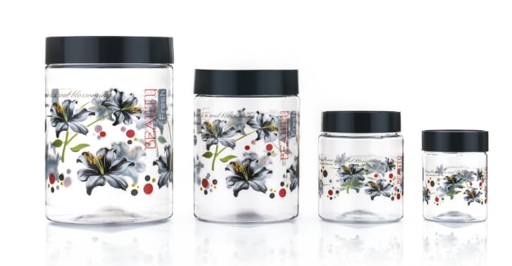 Qshare Flower Printed Storage Containers - Plastic Storage Organiser Jar Set for Kitchen with Airtight Lid Spoon, 1200ml, 650ml, 350ml & 250ml Dabba for Snacks, Grains Dry Fruits (Black, Set Of 16pc) - Image 2