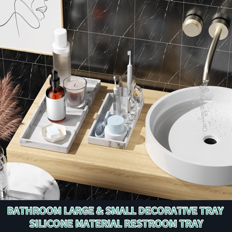 BBK Bathroom Vanity Tray - 2 Pack (7.8" and 11.8") Silicone Bathroom Trays for Counter, Perfume Key Trinket Ring Tray, Decor Soap Dispenser Countertop Tray for Kitchen Sink Organization (Marble Gray) - Image 2