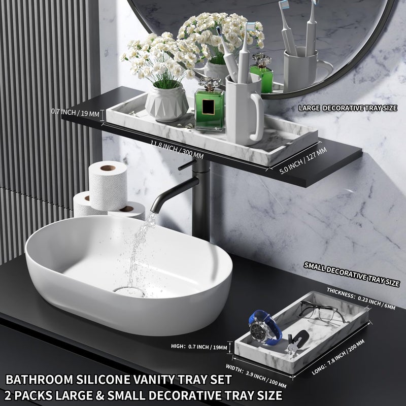 BBK Bathroom Vanity Tray - 2 Pack (7.8" and 11.8") Silicone Bathroom Trays for Counter, Perfume Key Trinket Ring Tray, Decor Soap Dispenser Countertop Tray for Kitchen Sink Organization (Marble Gray) - Image 3