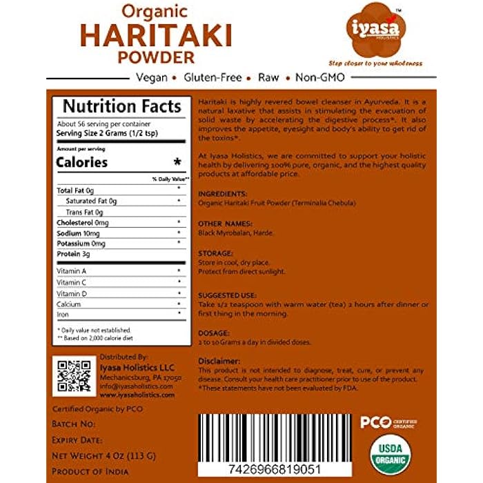 Iyasa Holistics Organic Haritaki Powder, Harde, Harad, Terminalia chebula, Kadakapudi, Ayurveda herb for Digestion, Gas Relief, Healthy Bowel Function, superfood, Resealable Pouch of 4 oz - Image 2