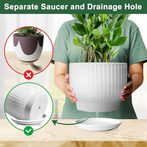 YUFDA 8 Inch Plant Pot,Ceramic Planter with Drainage and Saucer,Ceramic Pots for Plants,Indoor Plant pots,Ceramic Flower pots(Pure White, Plants NOT Included) - Image 3
