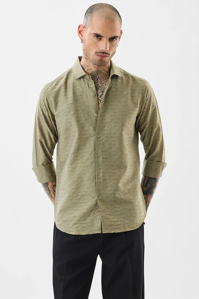 سنيتش Olive Geometric Long Sleeve Slim Fit Luxe Shirt