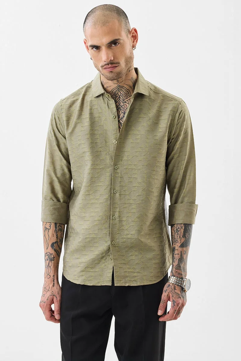سنيتش Olive Geometric Long Sleeve Slim Fit Luxe Shirt