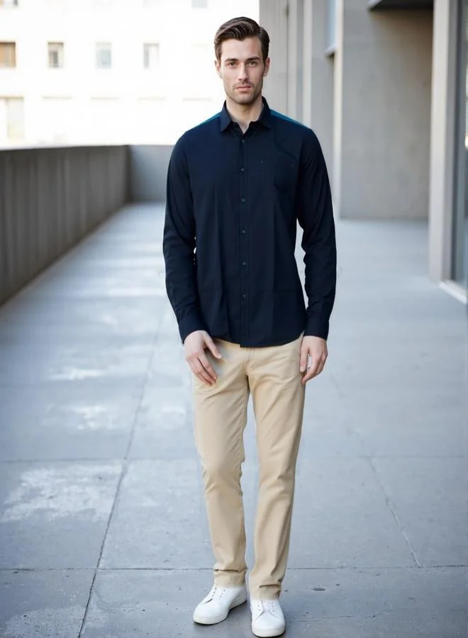 Dennis Lingo Men's Navy And Teal Cotton Blend Solid Button Down Regular Fit Shirt