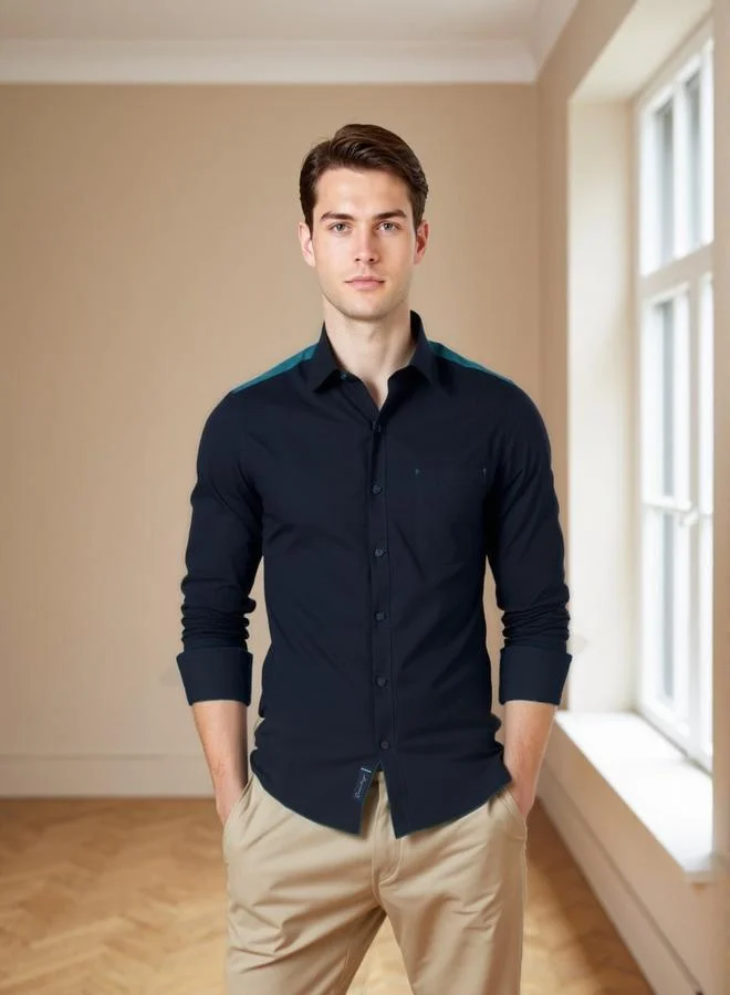 Dennis Lingo Men's Navy And Teal Cotton Blend Solid Button Down Regular Fit Shirt
