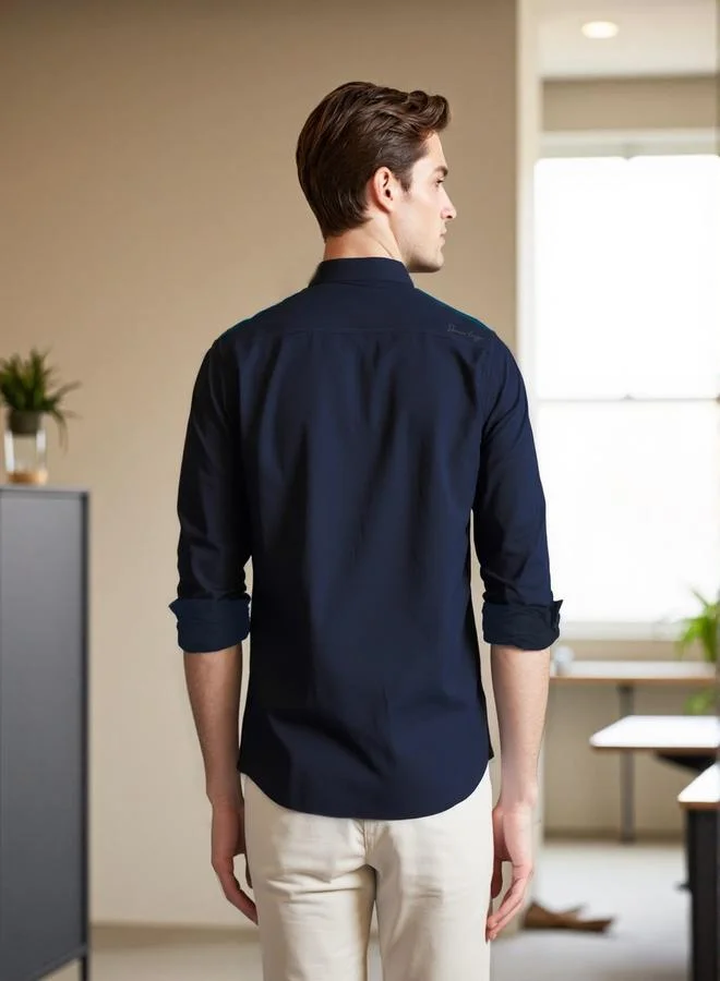 Dennis Lingo Men's Navy And Teal Cotton Blend Solid Button Down Regular Fit Shirt