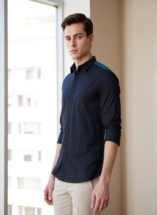 Dennis Lingo Men's Navy And Teal Cotton Blend Solid Button Down Regular Fit Shirt
