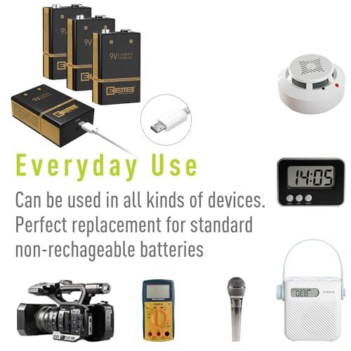 EEMB Rechargeable 9V Batteries Lithium-ion Batteries with USB Charging Cable Li-ion Battery 6F22 for Keyboard Microphone Smoke Alarm/Detector Guitar (4 Pack) - Image 4