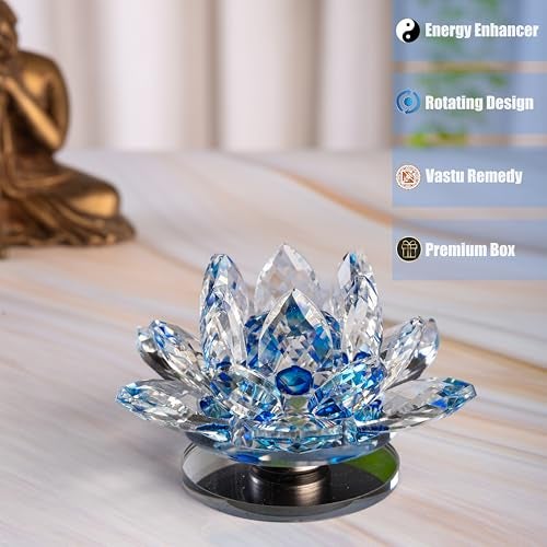 Sajawa Feng Shui Crystal Lotus/Kamal Flower Rotating Showpiece/Paper Weight for Vastu-Home-Office-Study Table-Bedroom Decor-Positive Energy-Good Luck-with Gifting Box-Blue (Small-D:8.5CM|H:5.5CM) - Image 3