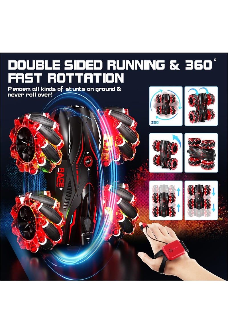 بيوينتي 4WD Gesture Control Stunt Car with Cool Lights 360 Flips Double Sided Off Road Fun for Kids Birthday Gifts Red  - Image 2