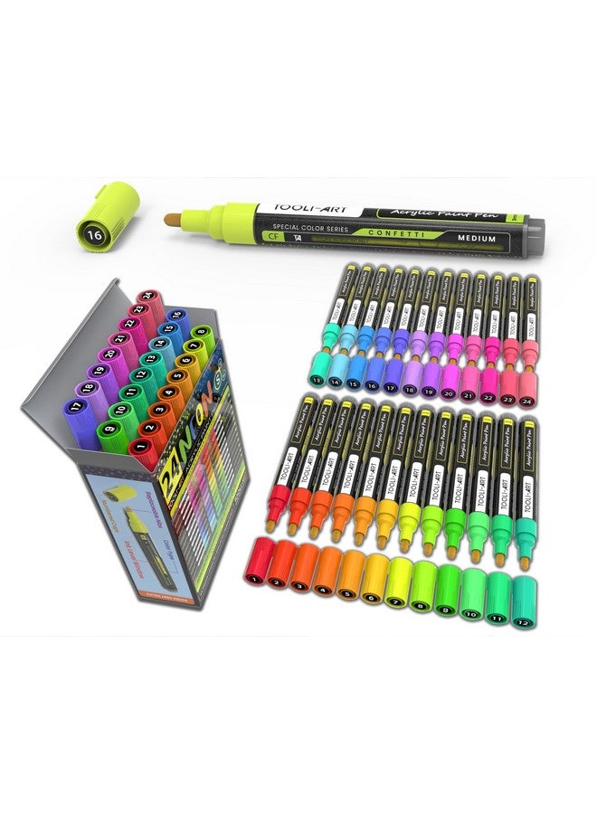 TOOLI-ART 24 Neon Fluorescent Acrylic Paint Pens Medium Special Color Series Markers Set 3Mm Tip, Rock Painting, Glass, Mugs, Wood, Metal, Canvas, Diy Projects, Detailing. Non Toxic, Waterbased, Quick Drying  - Image 1