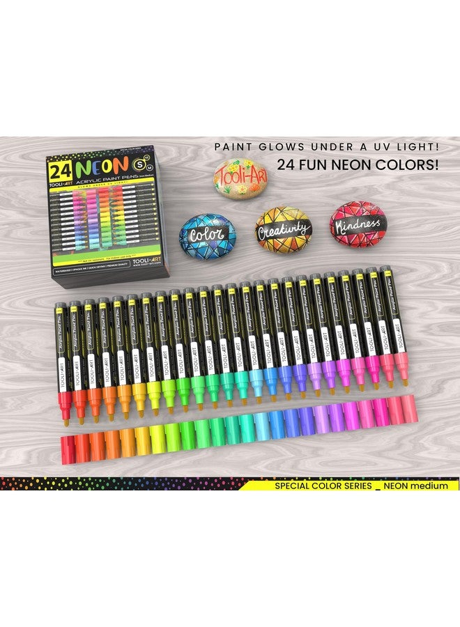 TOOLI-ART 24 Neon Fluorescent Acrylic Paint Pens Medium Special Color Series Markers Set 3Mm Tip, Rock Painting, Glass, Mugs, Wood, Metal, Canvas, Diy Projects, Detailing. Non Toxic, Waterbased, Quick Drying  - Image 3