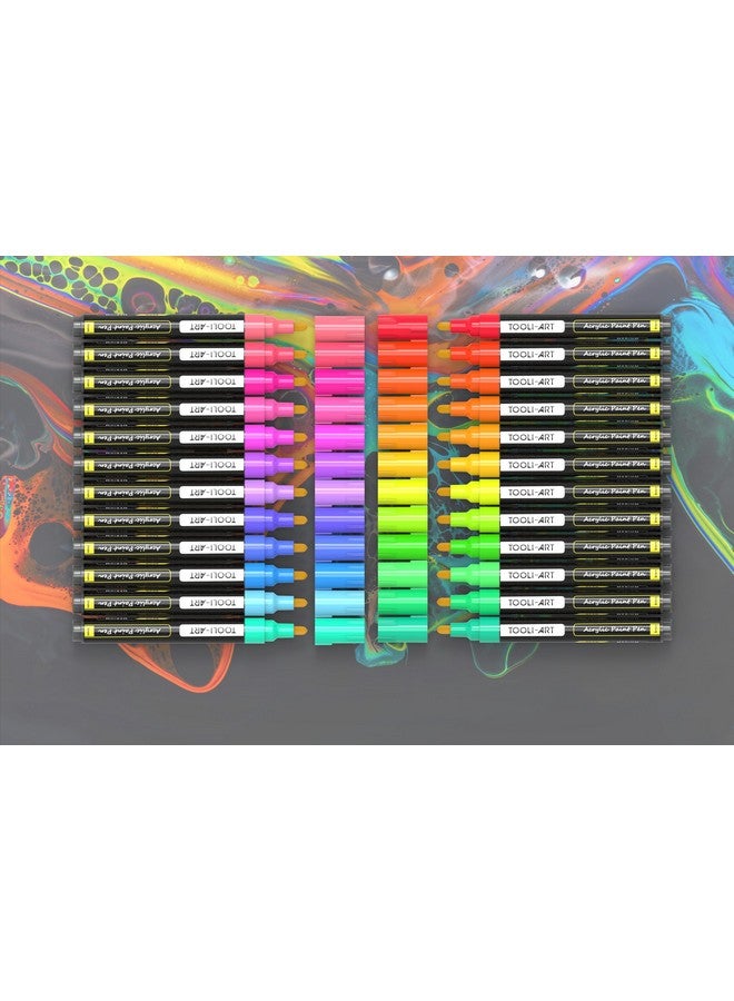 TOOLI-ART 24 Neon Fluorescent Acrylic Paint Pens Medium Special Color Series Markers Set 3Mm Tip, Rock Painting, Glass, Mugs, Wood, Metal, Canvas, Diy Projects, Detailing. Non Toxic, Waterbased, Quick Drying  - Image 2