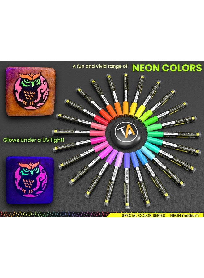 TOOLI-ART 24 Neon Fluorescent Acrylic Paint Pens Medium Special Color Series Markers Set 3Mm Tip, Rock Painting, Glass, Mugs, Wood, Metal, Canvas, Diy Projects, Detailing. Non Toxic, Waterbased, Quick Drying  - Image 4