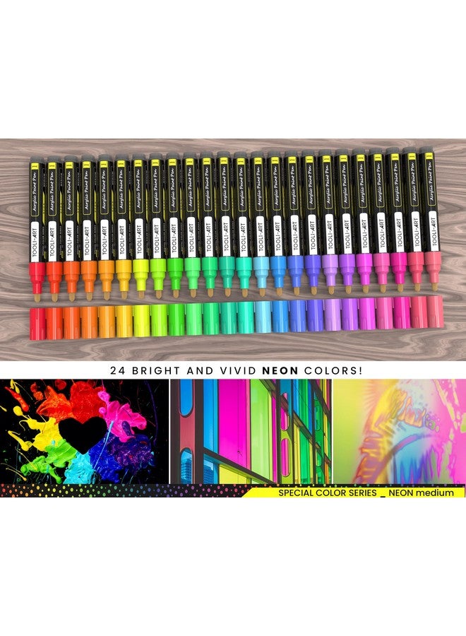 TOOLI-ART 24 Neon Fluorescent Acrylic Paint Pens Medium Special Color Series Markers Set 3Mm Tip, Rock Painting, Glass, Mugs, Wood, Metal, Canvas, Diy Projects, Detailing. Non Toxic, Waterbased, Quick Drying  - Image 5