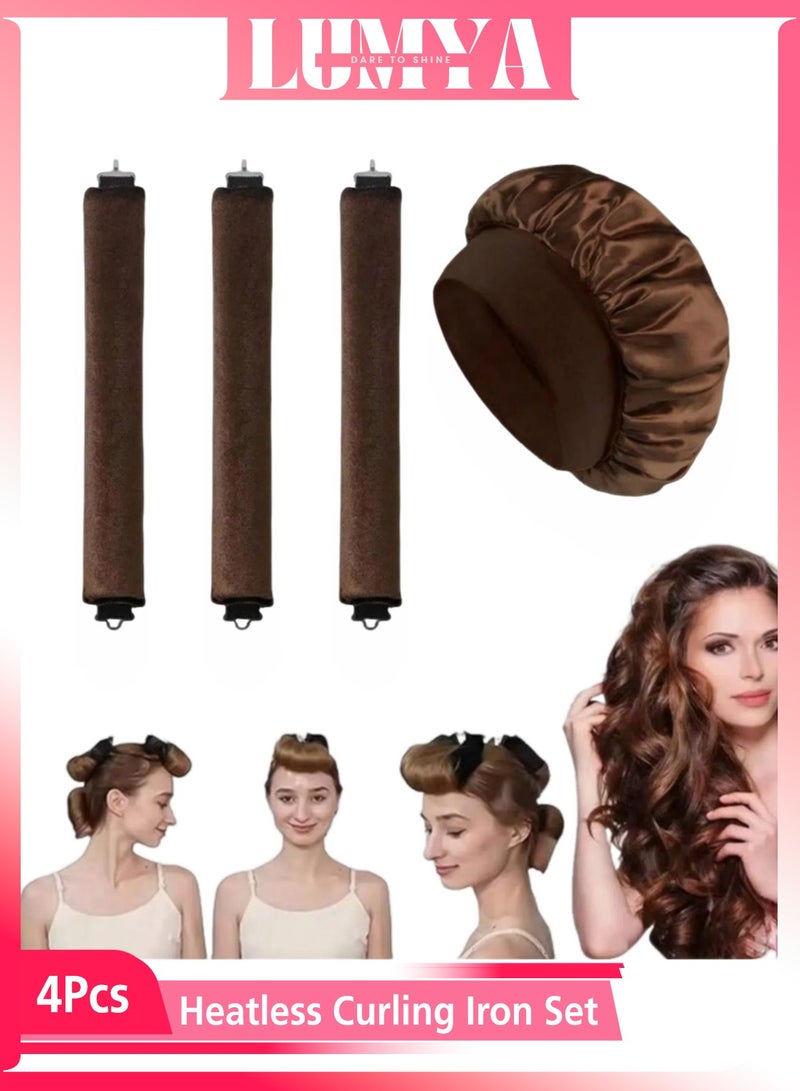 LUMYA 4PCS Heatless Curling Rods Set, No Heat Overnight Hair Curlers with Satin Cap, Soft Velvet Curlers for Short, Medium & Long Hair (Dark Brown) - Image 1