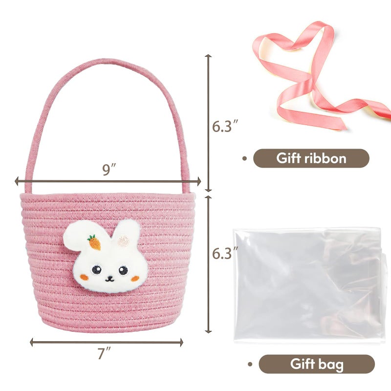 Poschnor Easter Basket for Kids, Easter Bunny Basket with Gift Bags and Ribbons, Woven Cotton Rope Egg Easter Baskets for Girls, Boys, Toddler, Babies, Pink - Image 3