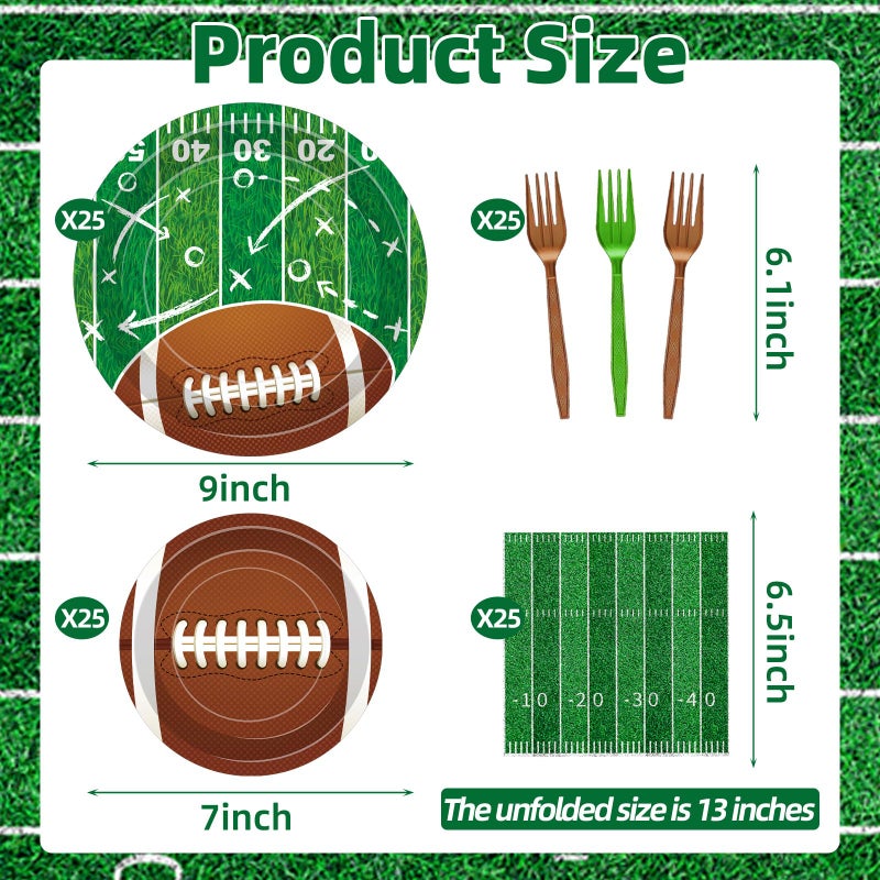 Merriva 100 Pcs Football Party Supplies Set, Serves 25 â€“ Disposable Football and Field Design Paper Plates, Napkins, and Forks, Game Day Tailgate Themed Tableware for Sports Birthday and Team Decorations - Image 2