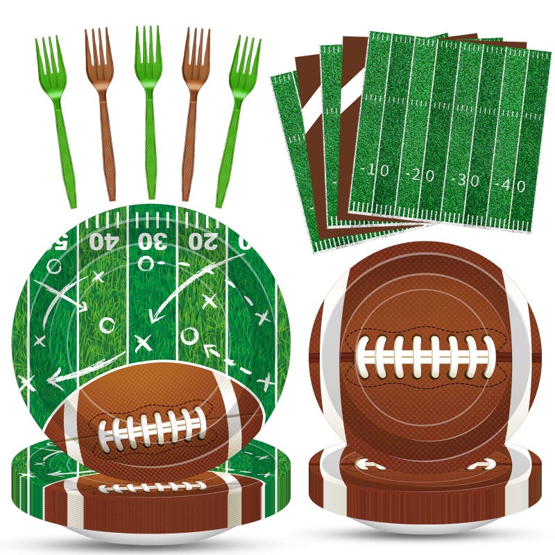 Merriva 100 Pcs Football Party Supplies Set, Serves 25 â€“ Disposable Football and Field Design Paper Plates, Napkins, and Forks, Game Day Tailgate Themed Tableware for Sports Birthday and Team Decorations - Image 1