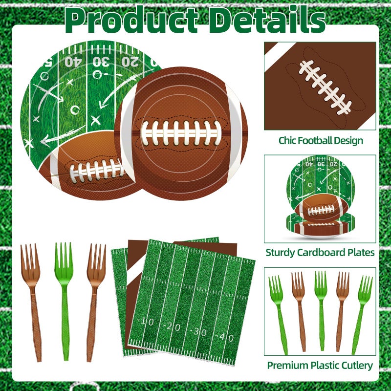 Merriva 100 Pcs Football Party Supplies Set, Serves 25 â€“ Disposable Football and Field Design Paper Plates, Napkins, and Forks, Game Day Tailgate Themed Tableware for Sports Birthday and Team Decorations - Image 3