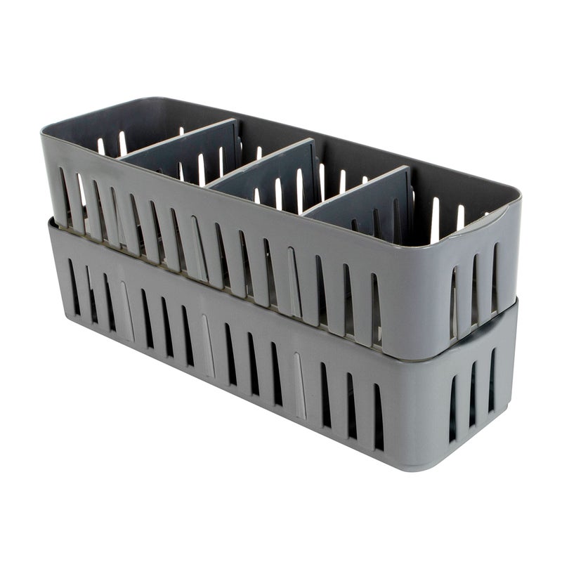 Simplify 2 Pack 4 Compartment Stackable Bin with Adjustable Dividers Drawer Organizer Storage Basket Good for Office Desk Supplies Dorm Bathroom Accessories Make Up Grey