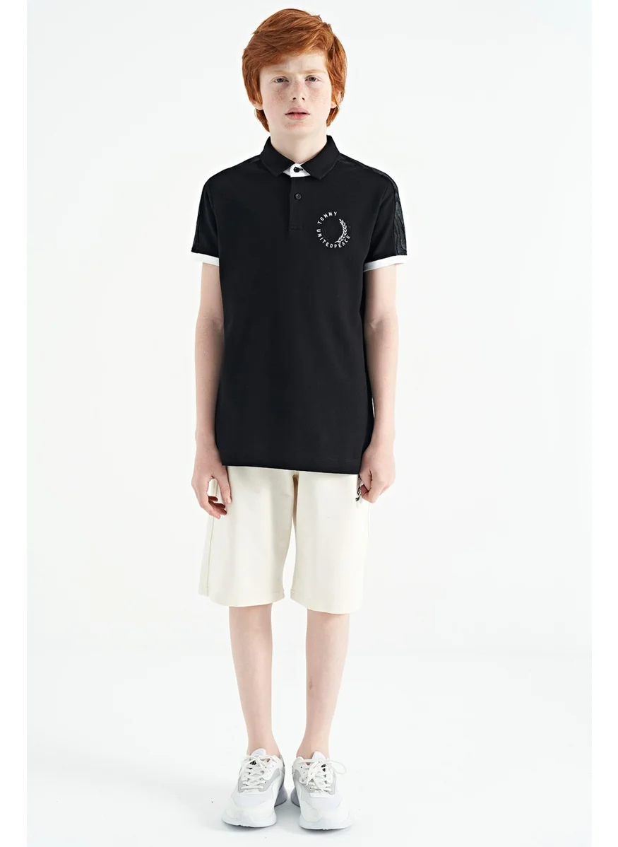 تومي لايف Black Print Detailed Pola Collar Standard Size Boys T-Shirt - 11166