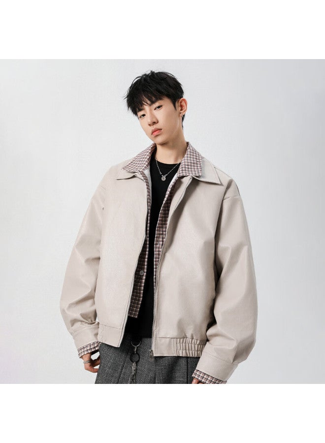 Izexx Men's Faux Two-piece Leather Jacket Autumn Stylish Biker American Plaid Leather Zk17 Light Brown 2XL - Image 5