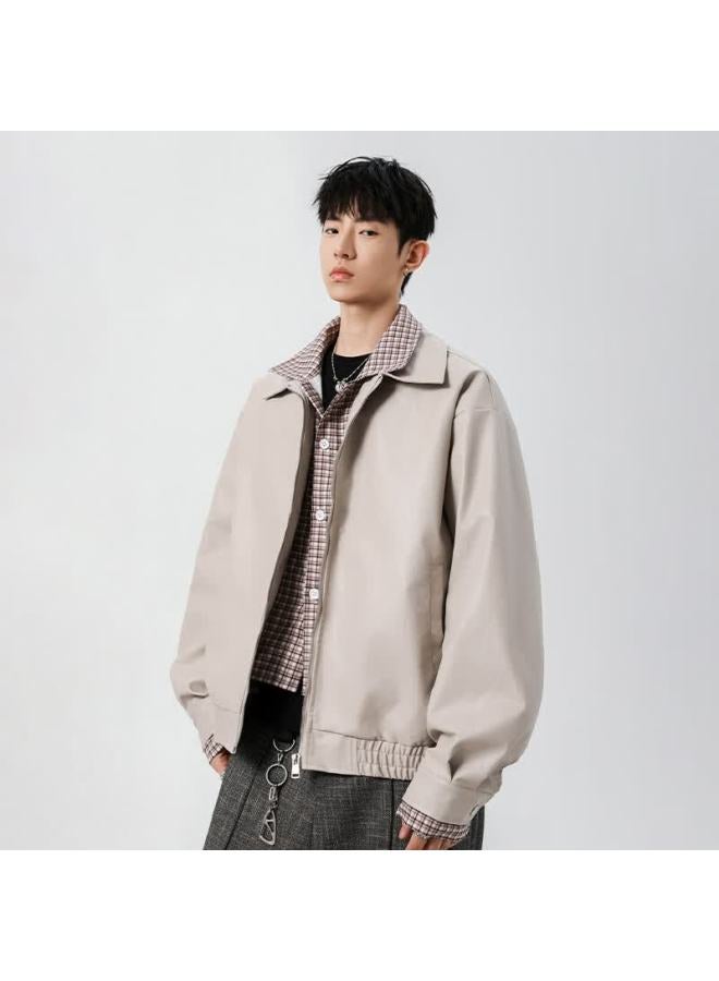 Izexx Men's Faux Two-piece Leather Jacket Autumn Stylish Biker American Plaid Leather Zk17 Light Brown 2XL - Image 2