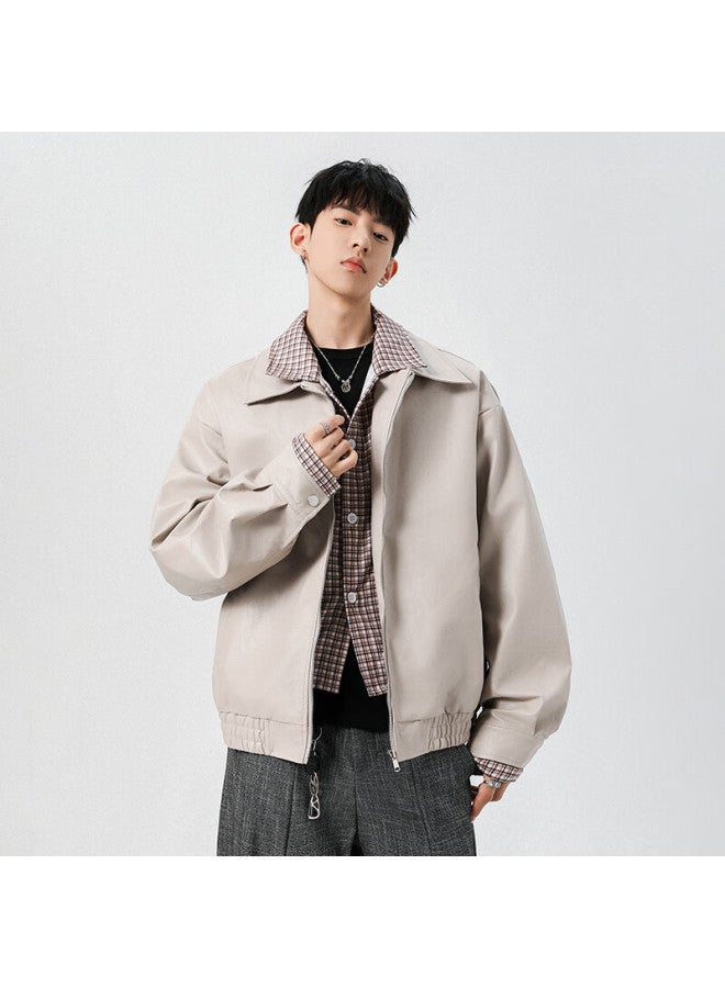Izexx Men's Faux Two-piece Leather Jacket Autumn Stylish Biker American Plaid Leather Zk17 Light Brown 2XL - Image 3