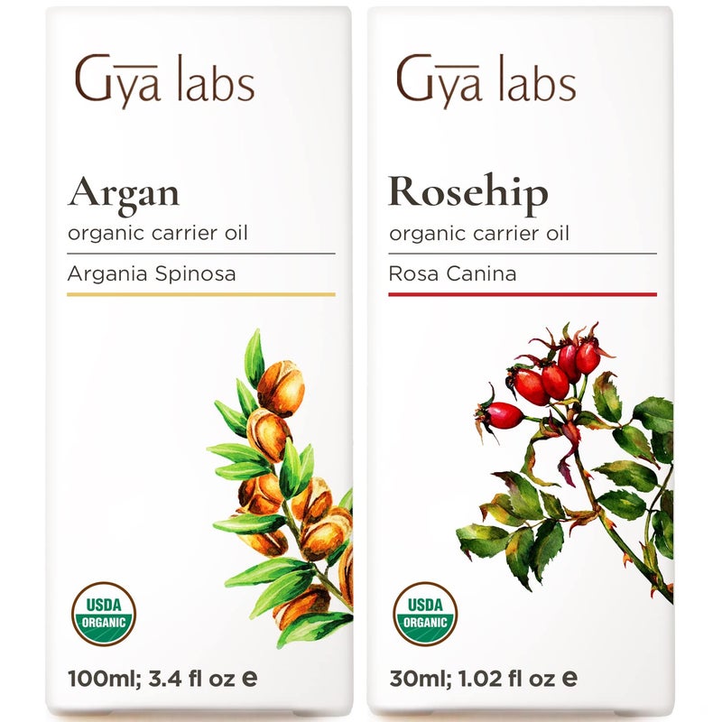 Gya Labs Argan Oil for Hair (3.4 fl oz) & Rosehip Oil for Face (1 fl oz) Set - Aromatherapy Grade Essential Oils Set - Image 1