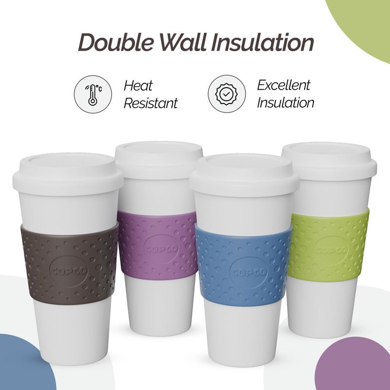 Copco Acadia Travel Mug (4-Pack), 16oz Insulated Coffee Mug with Double-Walled Plastic, Leak-Proof Lid - Microwave & Dishwasher Safe, Non-Slip Sleeve, Hot & Cold Drinks - Light Colors - Image 3