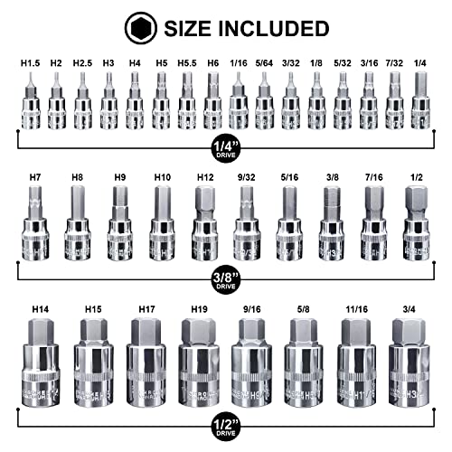 mainpoint Master Hex Bit Socket Set Allen Wrench Bit Kit Hex Key for Ratchet Socket Tool SAE and Metric Set 3/8, 1/4, 1/2 Drive Socket Set 34-Piece - Image 2