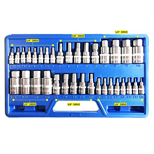 mainpoint Master Hex Bit Socket Set Allen Wrench Bit Kit Hex Key for Ratchet Socket Tool SAE and Metric Set 3/8, 1/4, 1/2 Drive Socket Set 34-Piece - Image 3