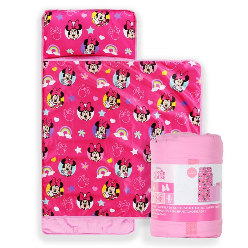 Jay Franco Kids Nap Mat Cartoon Embedded Pillow Blanket Soft 46x20Microfiber Sleeping Bag with Name Tag Handle for School Travel Sleepover Pink Minnie Mouse - Image 2