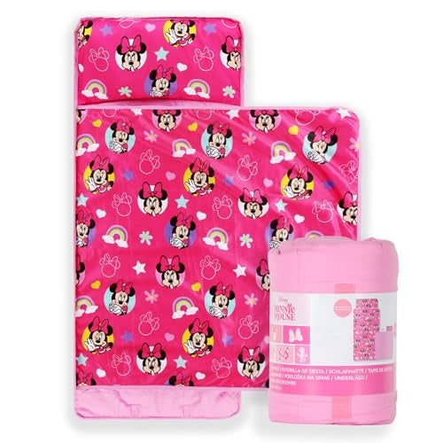 Jay Franco Kids Nap Mat Cartoon Embedded Pillow Blanket Soft 46x20Microfiber Sleeping Bag with Name Tag Handle for School Travel Sleepover Pink Minnie Mouse - Image 1