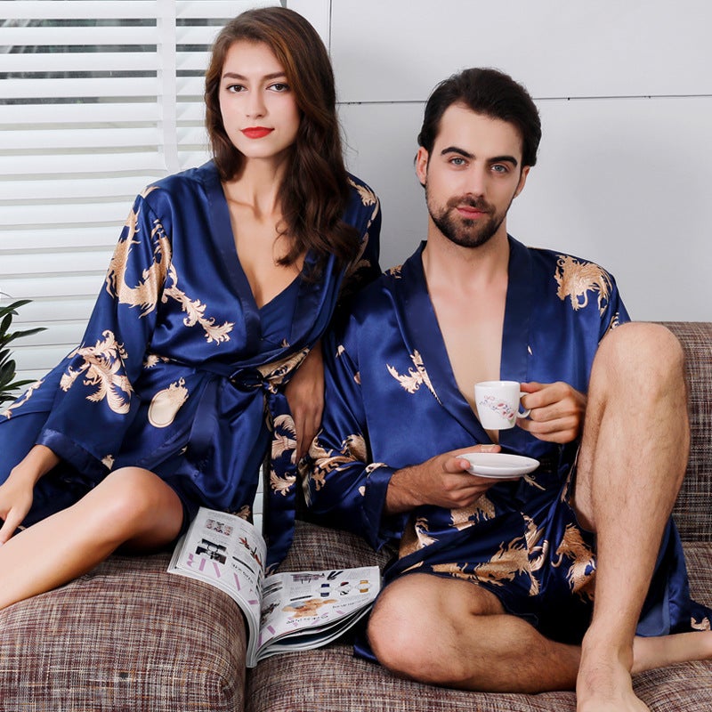 Couple Silk Printed Nightgown Chinese Style Women's Pajamas Men's Long-Sleeved Silk Bathrobe 88007-2 - Image 5